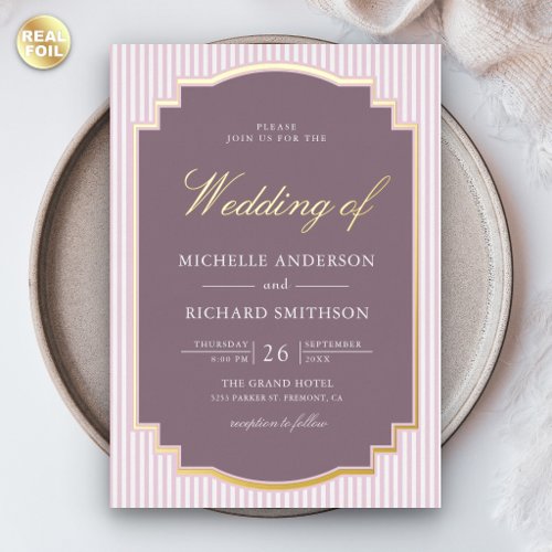 Pastel Lavender Striped Photo Wedding Gold Foil Invitation