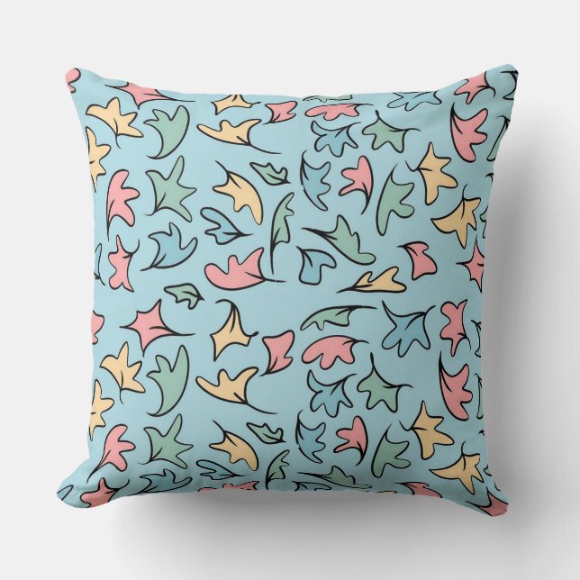 Pastel Leaves Blue Throw Pillow (Front)