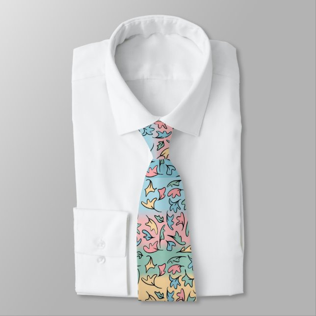 Pastel Leaves Colorful Neck Tie (Tied)