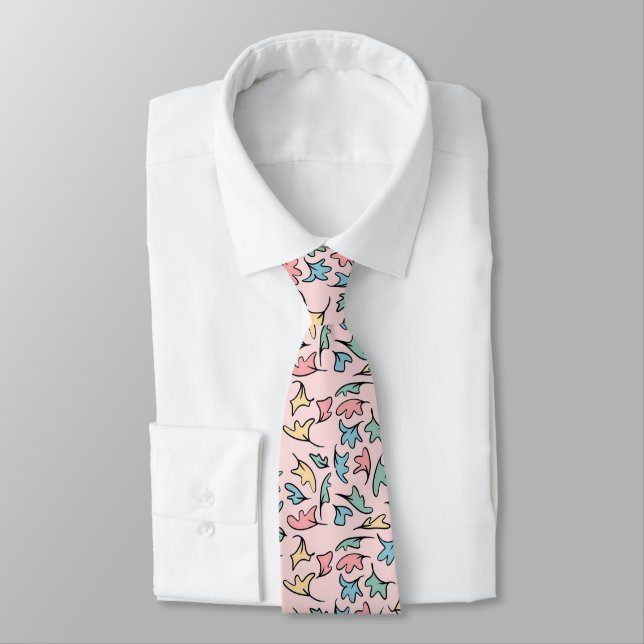 Pastel Leaves Pink Neck Tie (Tied)