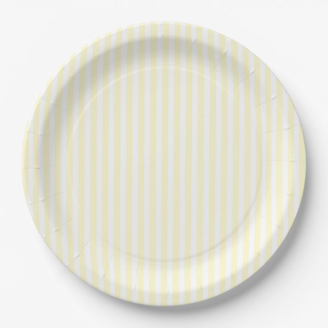 Pastel Lemon Yellow and White Stripes Pale Yellow Paper Plates (Front)