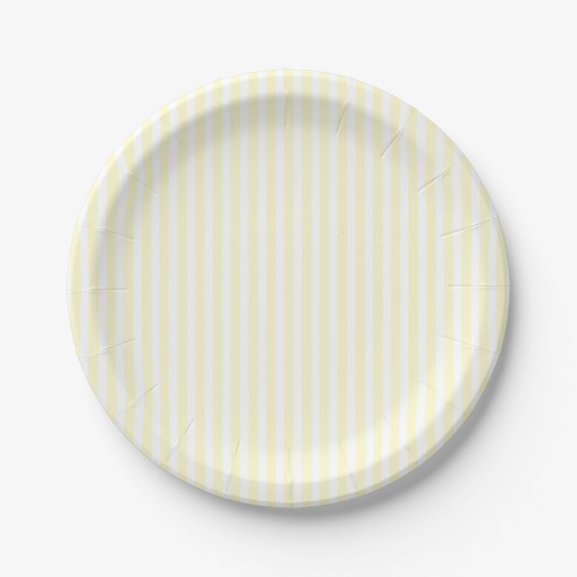Pastel Lemon Yellow and White Stripes Pale Yellow Paper Plates (Front)