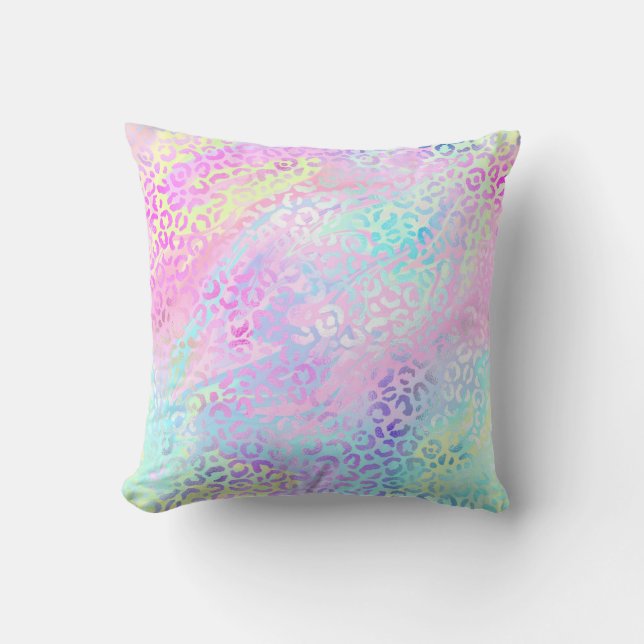 *~* Pastel Leopard Iridescent Rainbow Animal Print Throw Pillow (Front)