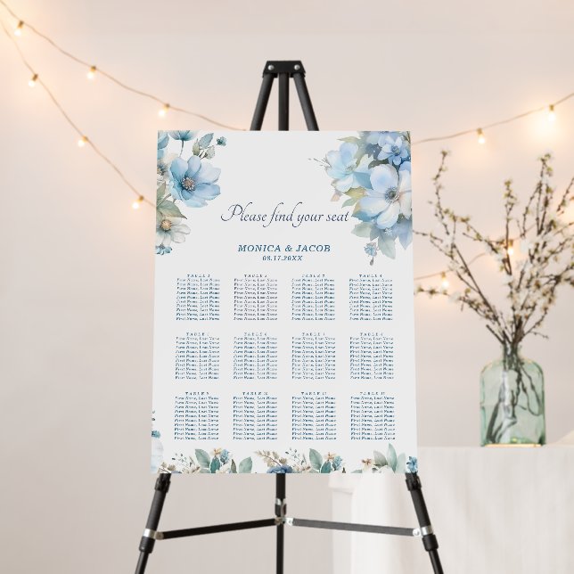 Pastel Light Blue Flowers Wedding Seating Chart Foam Board (In Situ (Stand))