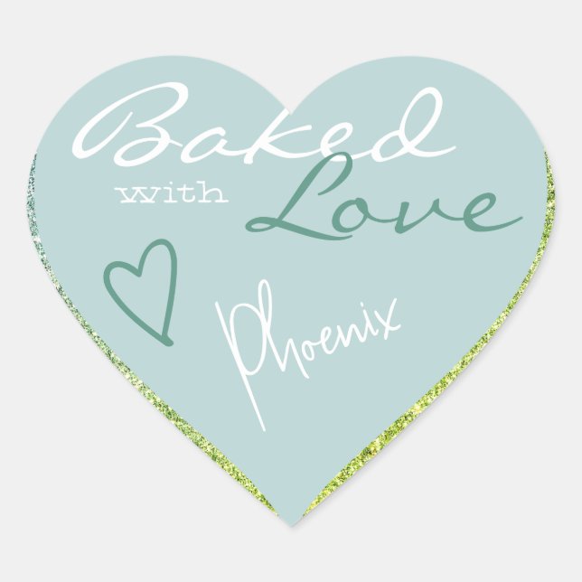 Pastel Light Blue Glitter Baked with Love Heart Heart Sticker (Front)
