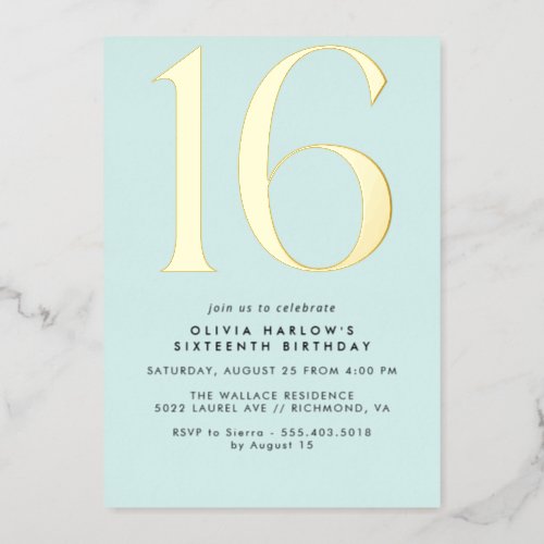 Pastel Light Blue  Gold  Simple Cute Sweet 16  Foil Invitation