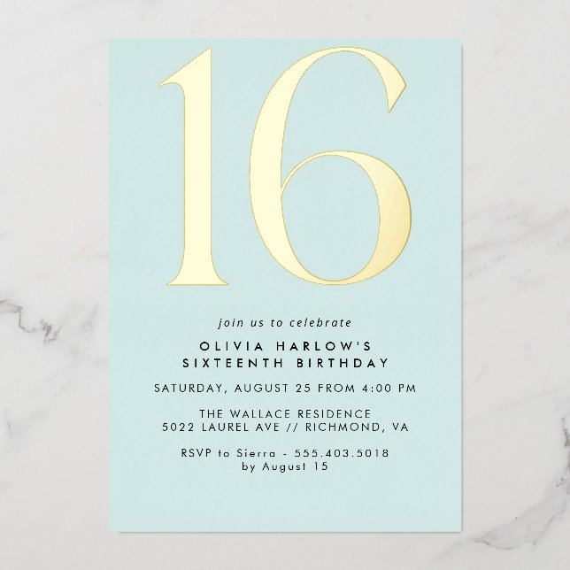Pastel Light Blue & Gold | Simple Cute Sweet 16  Foil Invitation (Front)