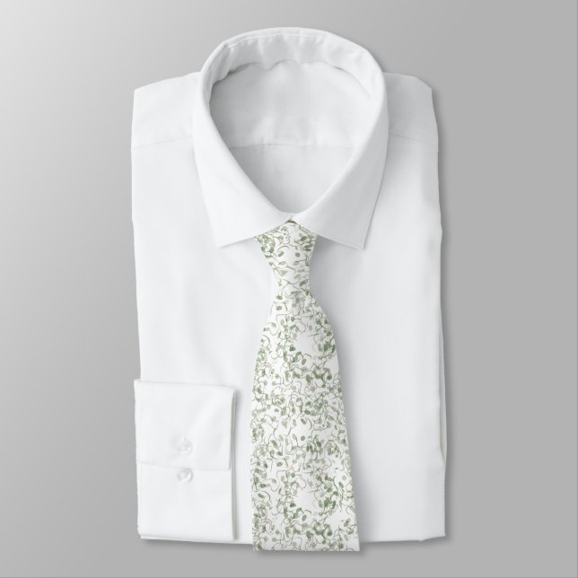 Pastel Light Green Floral Vines Pattern Neck Tie (Tied)