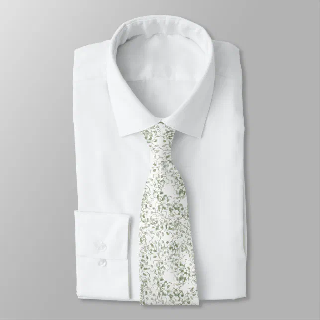 Pastel Light Green Floral Vines Pattern Neck Tie
