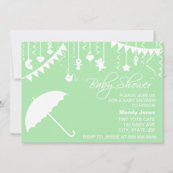 Pastel Light Green Umbrella Modern Baby Shower Invitation by PeachyPrints at Zazzle