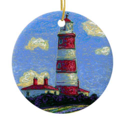 Pastel Lighthouse and Lavender Fields Ceramic Ornament