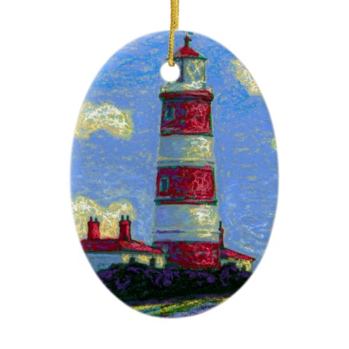 Pastel Lighthouse and Lavender Fields Ceramic Ornament