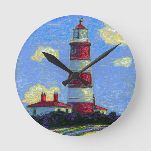 Pastel Lighthouse and Lavender Fields Round Clock (Front)