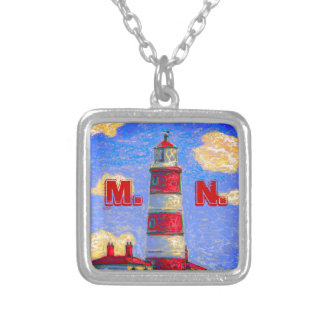 Pastel Lighthouse and Your Initials Silver Plated Necklace