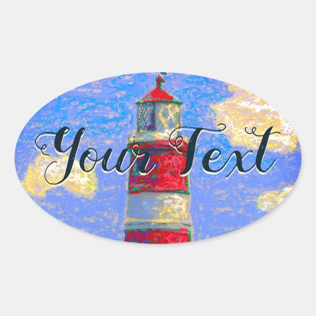 Pastel Lighthouse, clouds and your text Oval Sticker (Front)