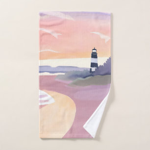 Pastel Lighthouse Coastal Beach Shore Watercolor Hand Towel