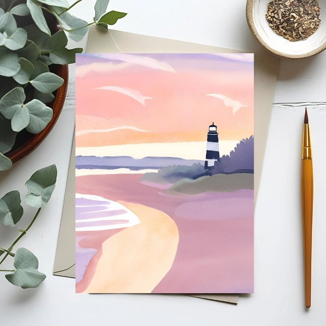 Pastel Lighthouse | Coastal Beach Shore Watercolor Postcard (Creator Uploaded)
