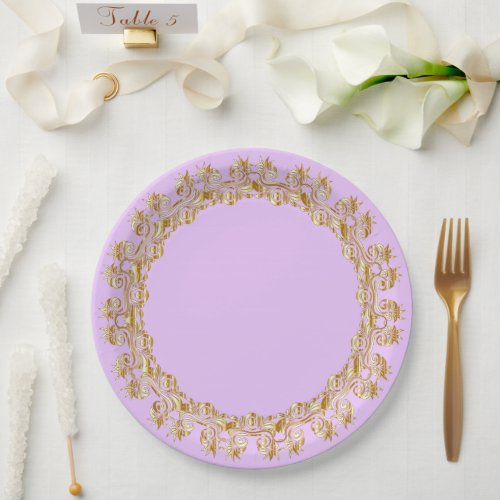 Pastel lilac and ornamental gold paper plates