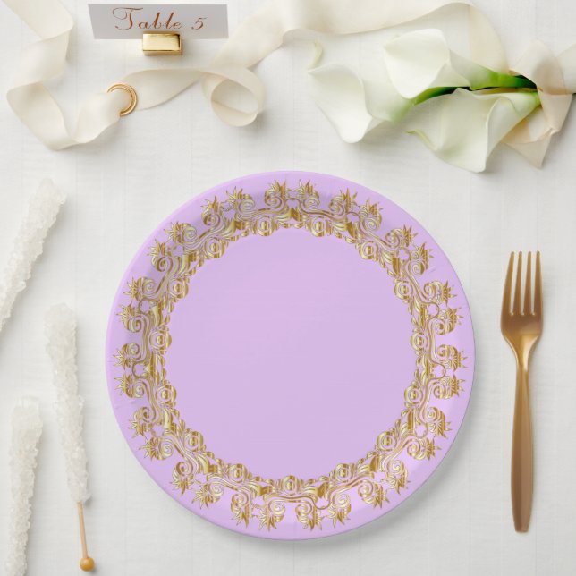 Pastel lilac and ornamental gold paper plates (Wedding)