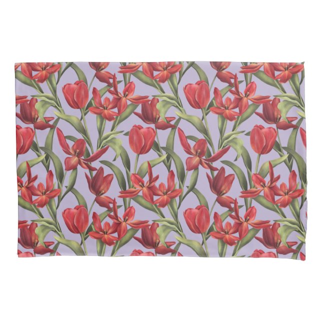 Pastel Lilac background with Red Tulips Pillow Case (Front)