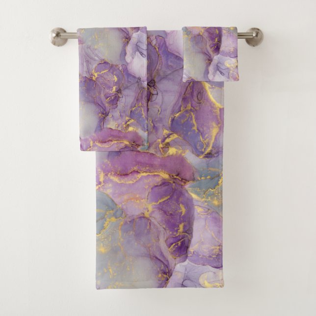 Pastel Lilac, Blue and Gold Glitter Marble Pattern Bath Towel Set (Insitu)