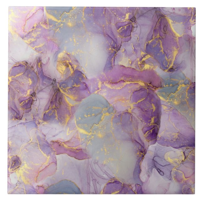 Pastel Lilac, Blue and Gold Glitter Marble Pattern Ceramic Tile (Front)
