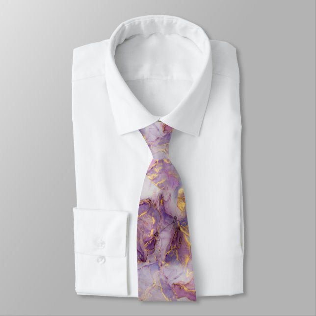 Pastel Lilac, Blue and Gold Glitter Marble Pattern Neck Tie (Tied)