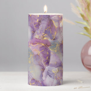 Pastel Lilac, Blue and Gold Glitter Marble Pattern Pillar Candle