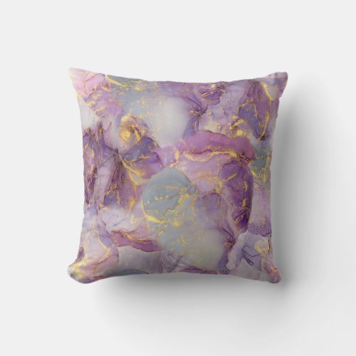 Pastel Lilac Blue and Gold Glitter Marble Pattern Throw Pillow