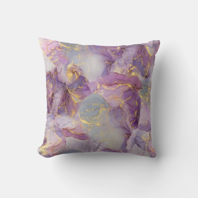 Pastel Lilac, Blue and Gold Glitter Marble Pattern Throw Pillow (Front)