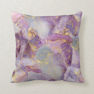 Pastel Lilac, Blue and Gold Glitter Marble Pattern Throw Pillow