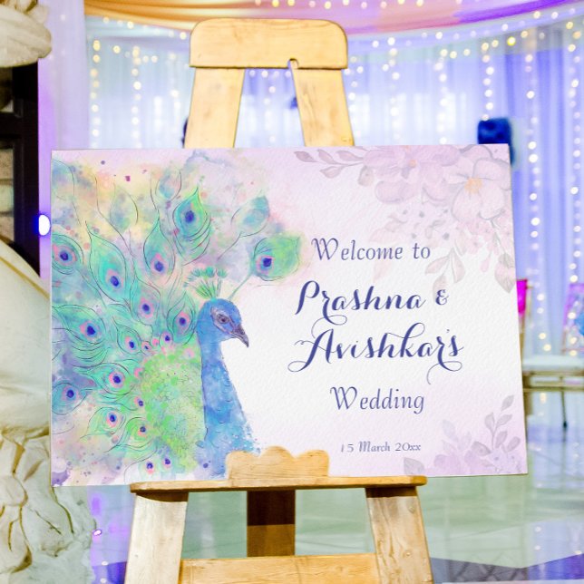 Pastel lilac floral peacock wedding welcome foam board (Creator Uploaded)
