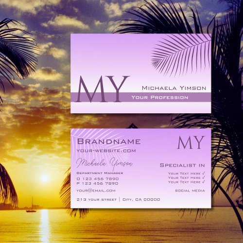 Pastel Lilac Gradient and Palm Leaf with Monogram Business Card