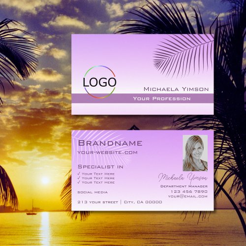 Pastel Lilac Gradient Palm Leaf Logo and Photo Business Card