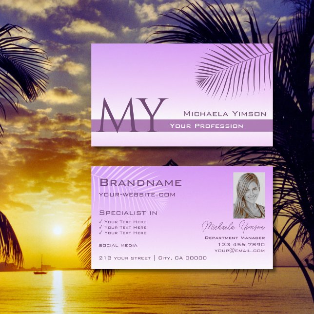 Pastel Lilac Gradient Palm Leaf Monogram and Photo Business Card (Creator Uploaded)