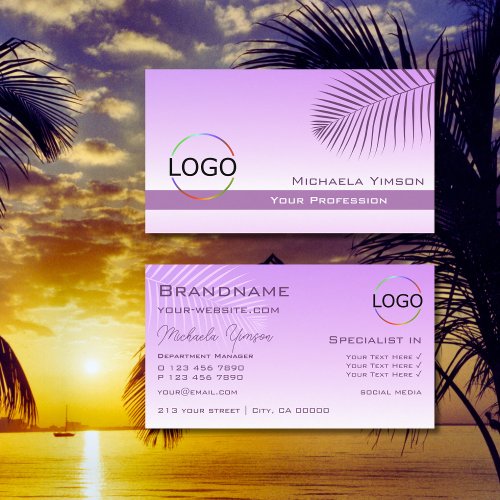 Pastel Lilac Gradient Palm Leaf with Logo Stylish Business Card