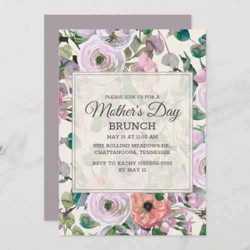 Pastel Lilac Pink Watercolor Floral Mothers Day Invitation