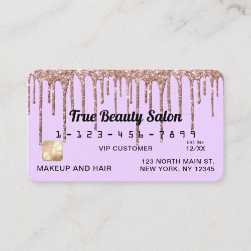 Pastel Lilac Purple Rose Gold Glitter Drips Credit Business Card