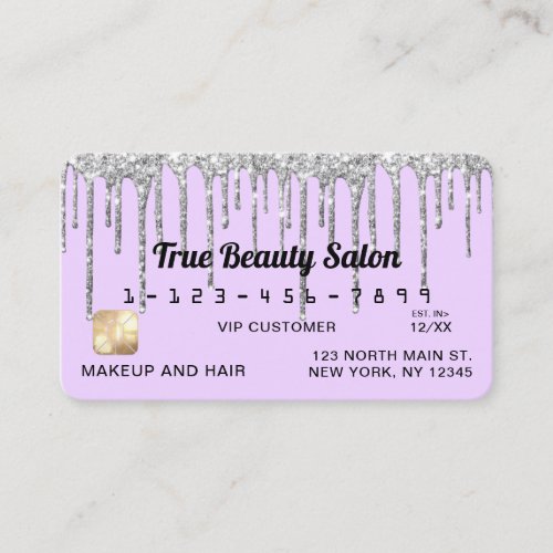 Pastel Lilac Purple Silver Glitter Drips Credit Business Card