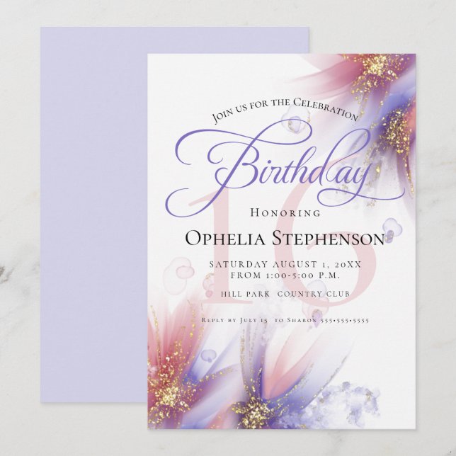 Pastel Lilac Rose Abstract Floral Birthday  Invitation (Front/Back)