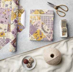 Pastel Lilac Yellow Quilt Gingham Cottagecore Wrapping Paper