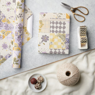 Pastel Lilac Yellow Quilt Gingham Cottagecore Wrapping Paper