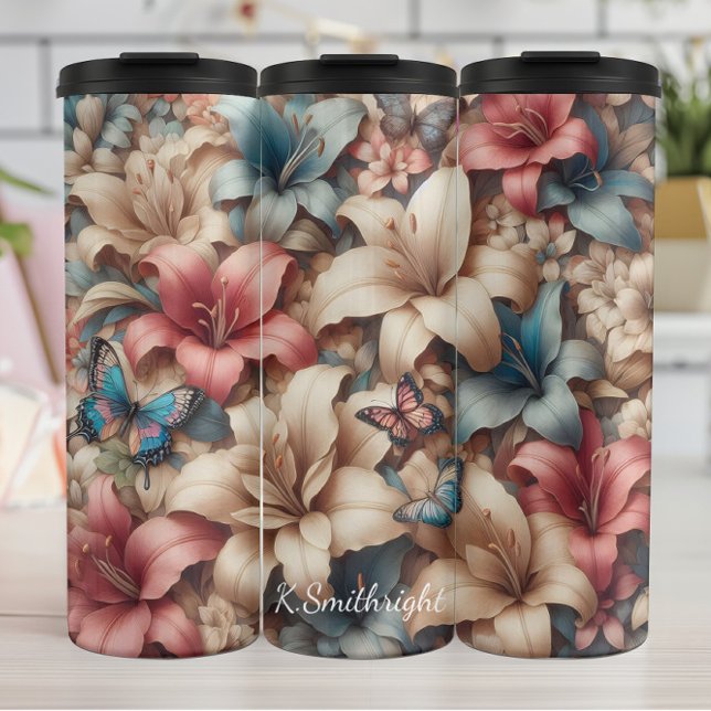 Pastel Lily Butterfly Floral Pattern Thermal Tumbler (Creator Uploaded)