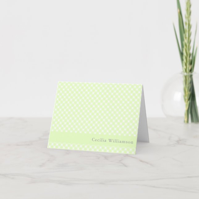 Pastel Lime Green Gingham Plaid Pattern Name Note Card (Front)
