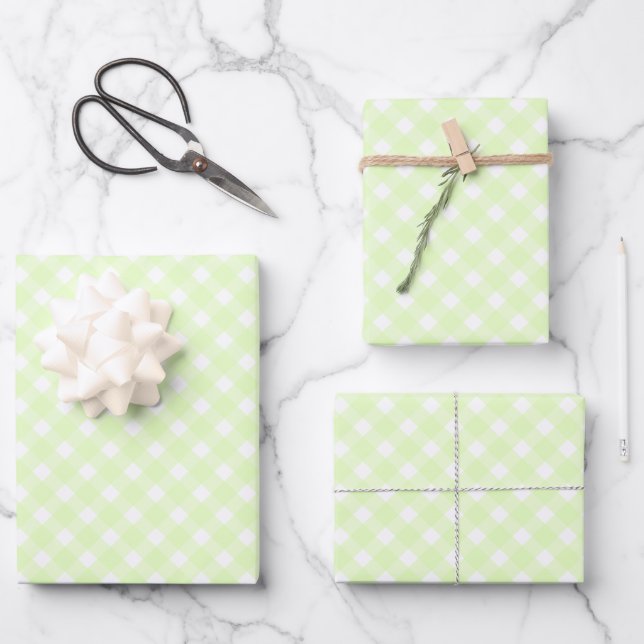 Pastel Lime Green Gingham Plaid Pattern Wrapping Paper Sheets (Front)