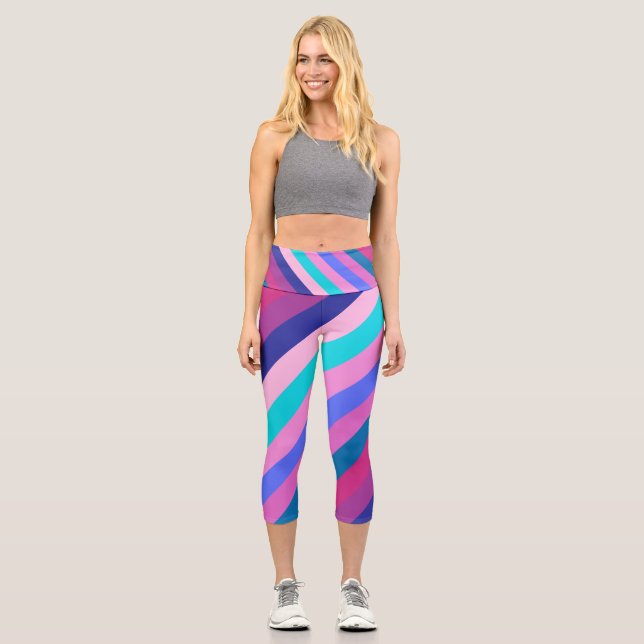 Pastel lines, colorful stripes pattern, warm color capri leggings (Front)