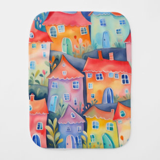 Pastel little houses in soft color, peaceful color baby burp cloth