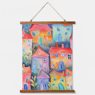 Pastel little houses in soft color, peaceful color hanging tapestry