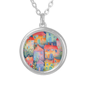Pastel little houses in soft color, peaceful color silver plated necklace