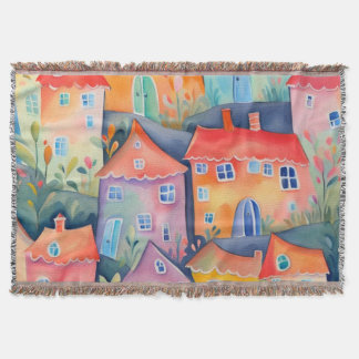 Pastel little houses in soft color, peaceful color throw blanket